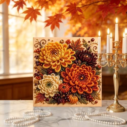 Autumn Pearl Painting Art Kit for Adults, Fall Dahlias Craft with Frame