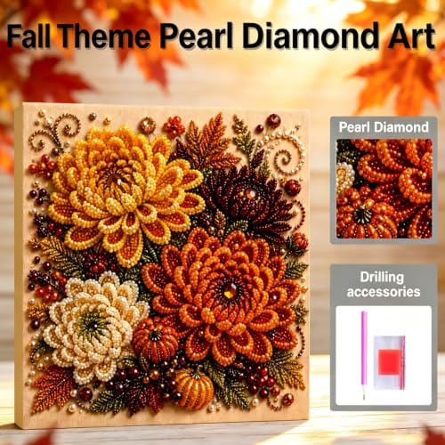 Autumn Pearl Painting Art Kit for Adults, Fall Dahlias Craft with Frame