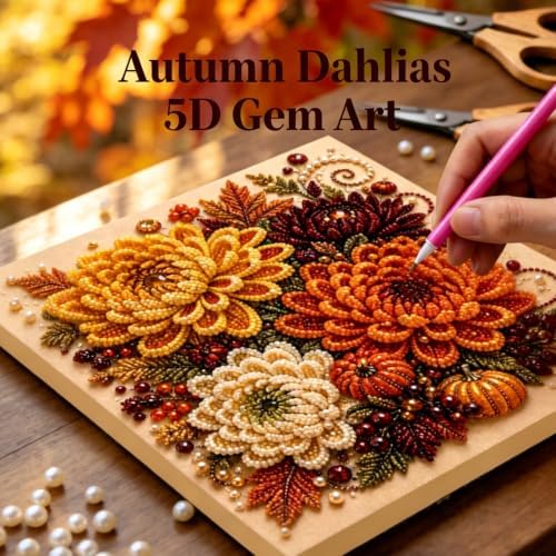 Autumn Pearl Painting Art Kit for Adults, Fall Dahlias Craft with Frame
