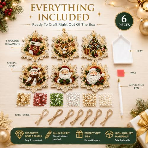 Christmas Ornaments Pearl Diamond Art Kits For Adults, Diy Wooden Diamond Art Christmas Ornaments For Christmas Tree With Pearls, Hanging Special-Shaped Gems & Jute Twine, Christmas Decor Craft#W
