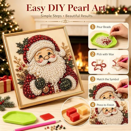 Oanruyan Christmas Pearl Diamond Painting Art Kit with Frame, DIY Pearl Beads Art Craft Kit for Adults Beginner, Gemstone Diamond Dots Beads for Home Decor Wall Art, Party Gift (Christmas Tree)