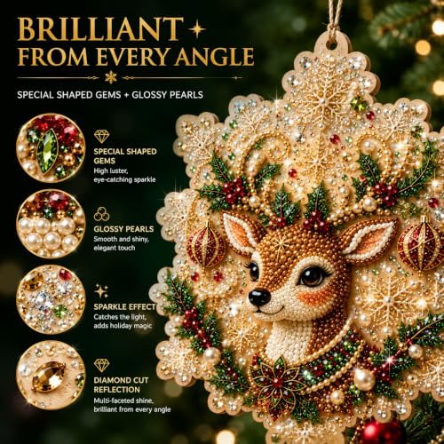 Christmas Ornaments Pearl Diamond Art Kits For Adults, Diy Wooden Diamond Art Christmas Ornaments For Christmas Tree With Pearls, Hanging Special-Shaped Gems & Jute Twine, Christmas Decor Craft#W