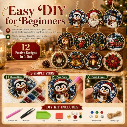 12PCS Christmas Ornaments DIY Pearl Diamond Art Kits for Adults
