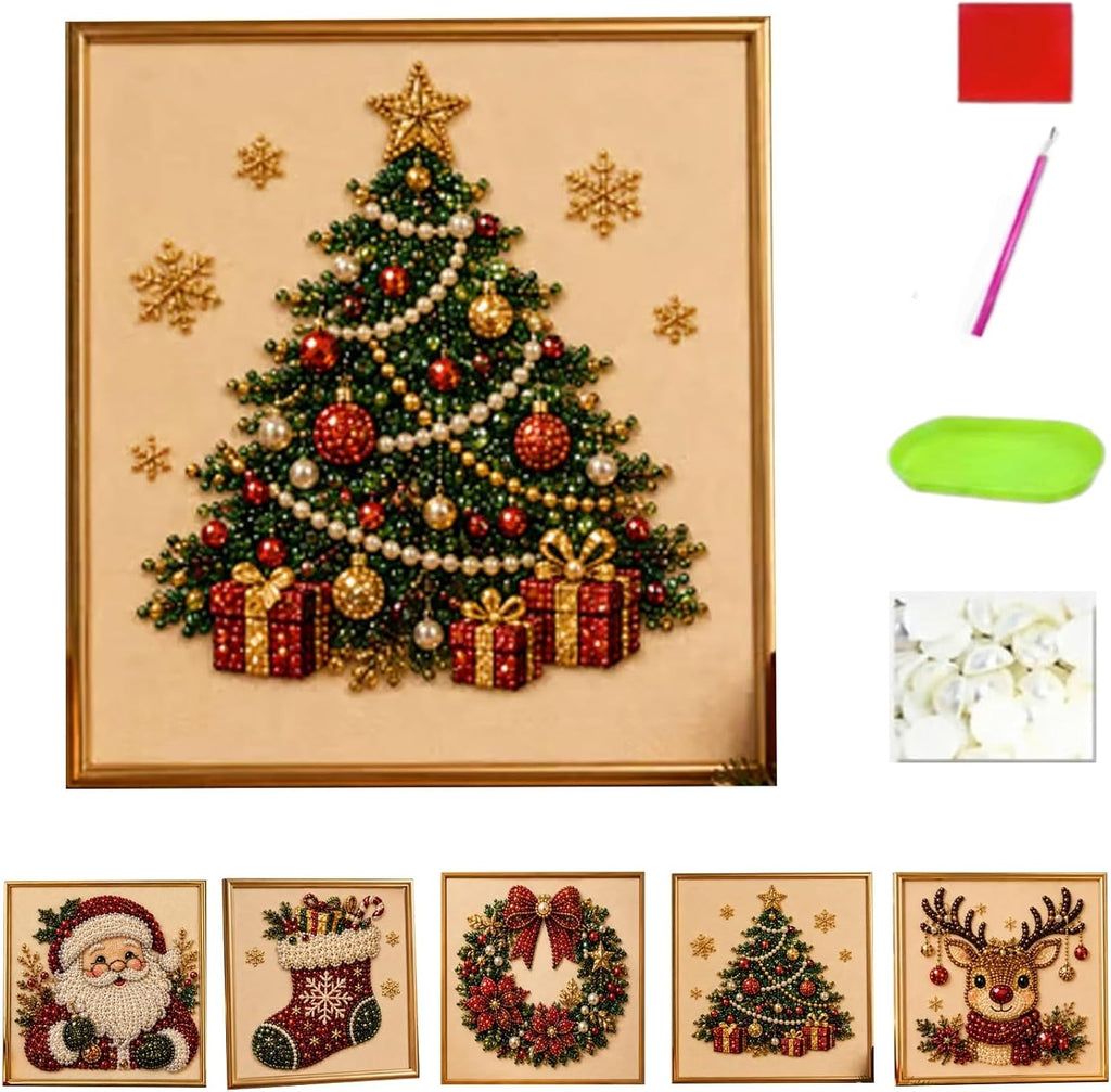 Oanruyan Christmas Pearl Diamond Painting Art Kit with Frame, DIY Pearl Beads Art Craft Kit for Adults Beginner, Gemstone Diamond Dots Beads for Home Decor Wall Art, Party Gift (Christmas Tree)