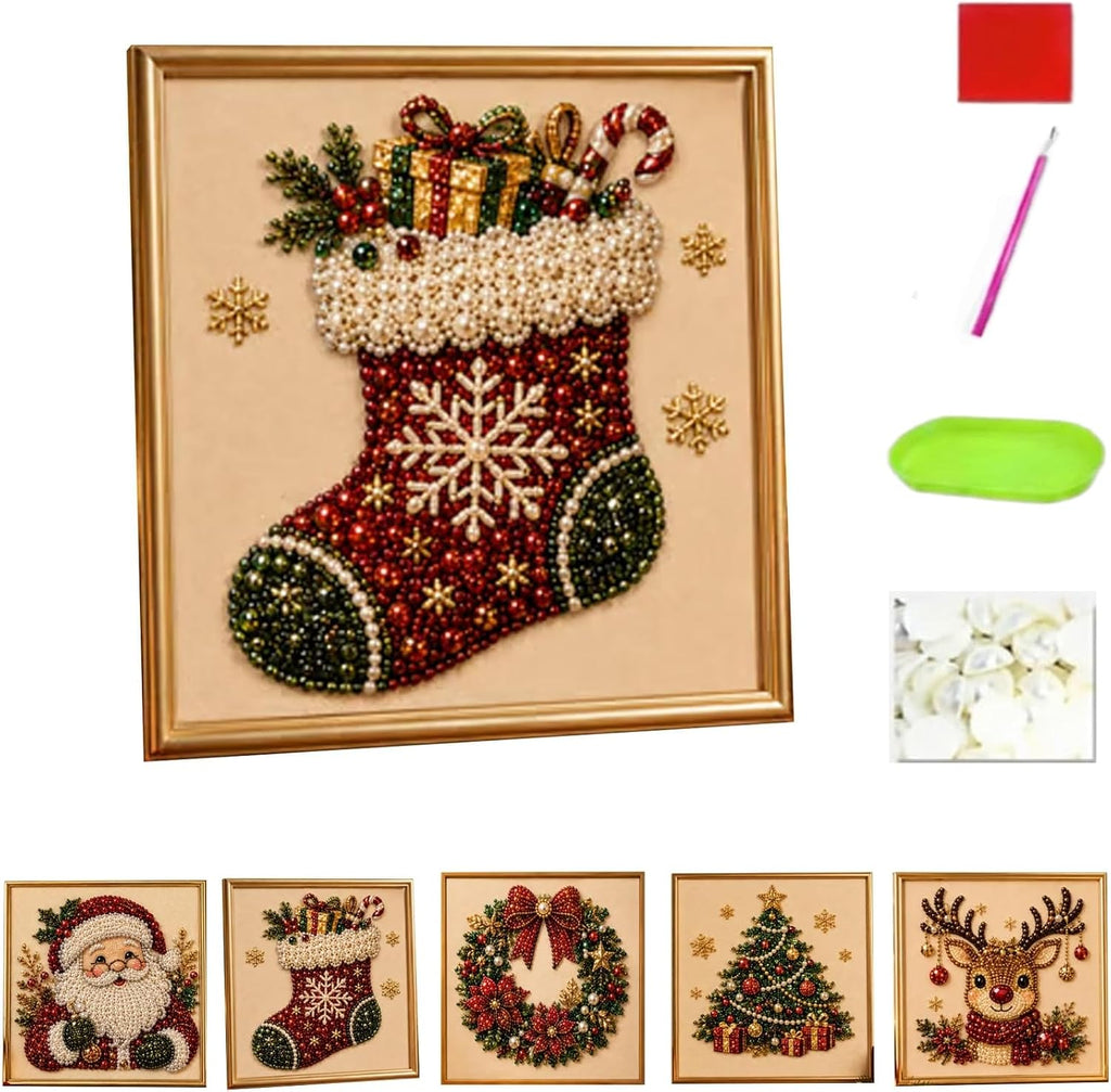 Oanruyan Christmas Pearl Diamond Painting Art Kit with Frame, DIY Pearl Beads Art Craft Kit for Adults Beginner, Gemstone Diamond Dots Beads for Home Decor Wall Art, Party Gift (Christmas Tree)