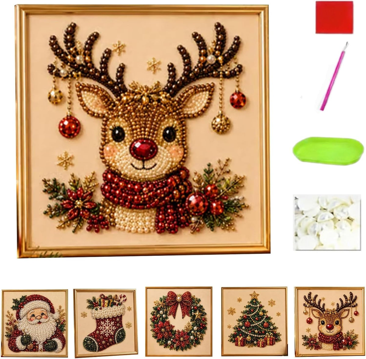 Oanruyan Christmas Pearl Diamond Painting Art Kit with Frame, DIY Pearl Beads Art Craft Kit for Adults Beginner, Gemstone Diamond Dots Beads for Home Decor Wall Art, Party Gift (Christmas Tree)