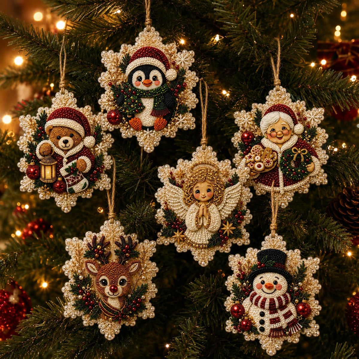 Christmas Ornaments Pearl Diamond Art Kits For Adults, Diy Wooden Diamond Art Christmas Ornaments For Christmas Tree With Pearls, Hanging Special-Shaped Gems & Jute Twine, Christmas Decor Craft#W