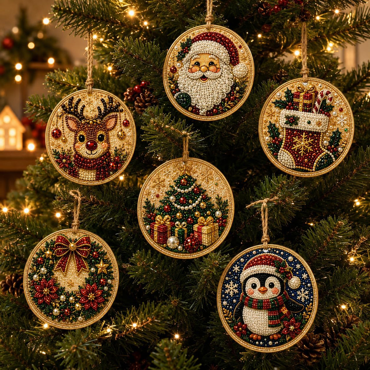 Christmas Ornaments Pearl Diamond Art Kits For Adults, Diy Wooden Diamond Art Christmas Ornaments For Christmas Tree With Pearls, Hanging Special-Shaped Gems & Jute Twine, Christmas Decor Craft#W