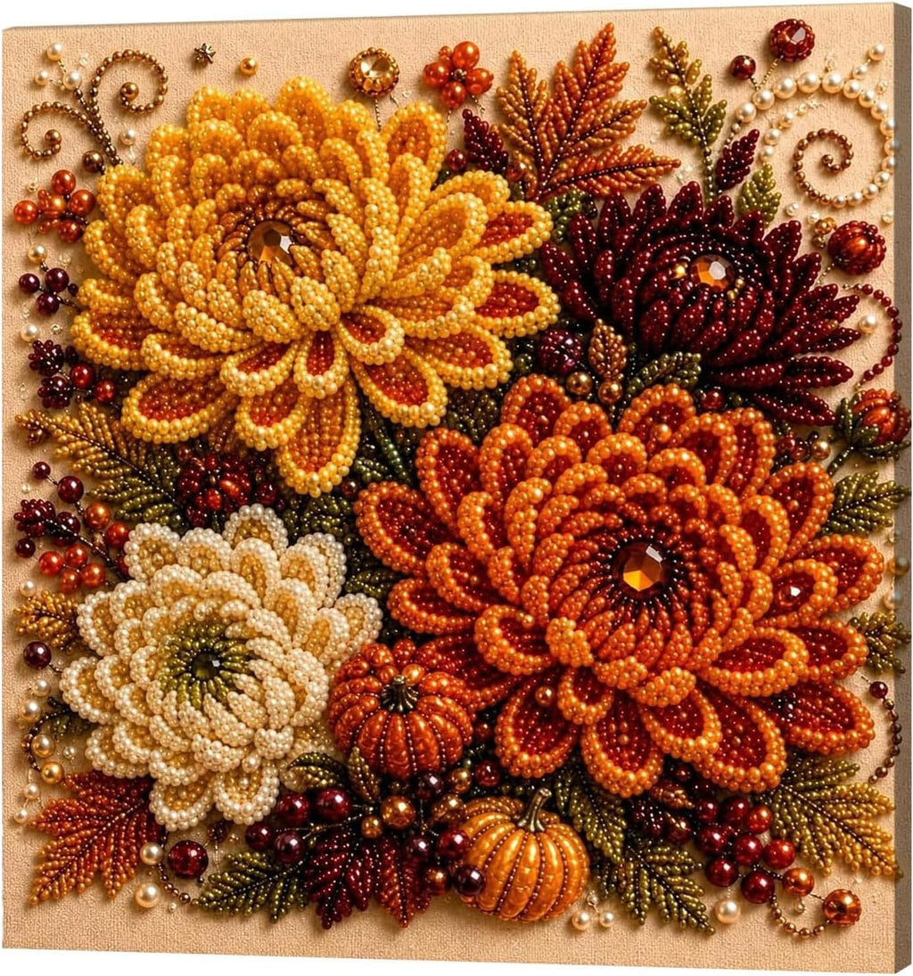 Autumn Pearl Painting Art Kit for Adults, Fall Dahlias Craft with Frame