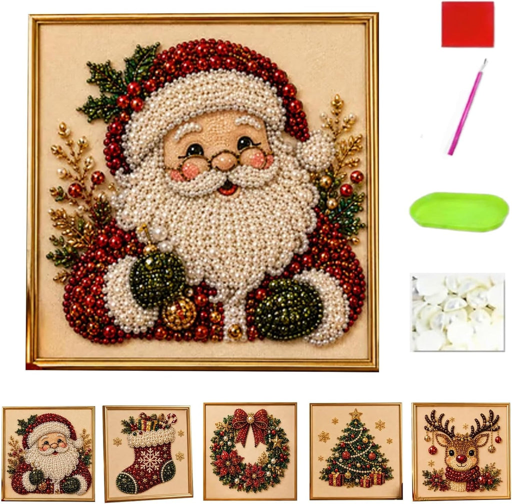Oanruyan Christmas Pearl Diamond Painting Art Kit with Frame, DIY Pearl Beads Art Craft Kit for Adults Beginner, Gemstone Diamond Dots Beads for Home Decor Wall Art, Party Gift (Christmas Tree)