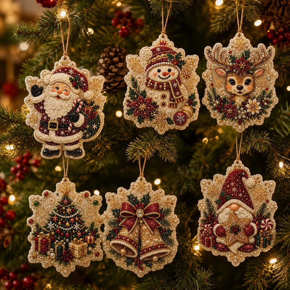 Christmas Ornaments Pearl Diamond Art Kits For Adults, Diy Wooden Diamond Art Christmas Ornaments For Christmas Tree With Pearls, Hanging Special-Shaped Gems & Jute Twine, Christmas Decor Craft#W