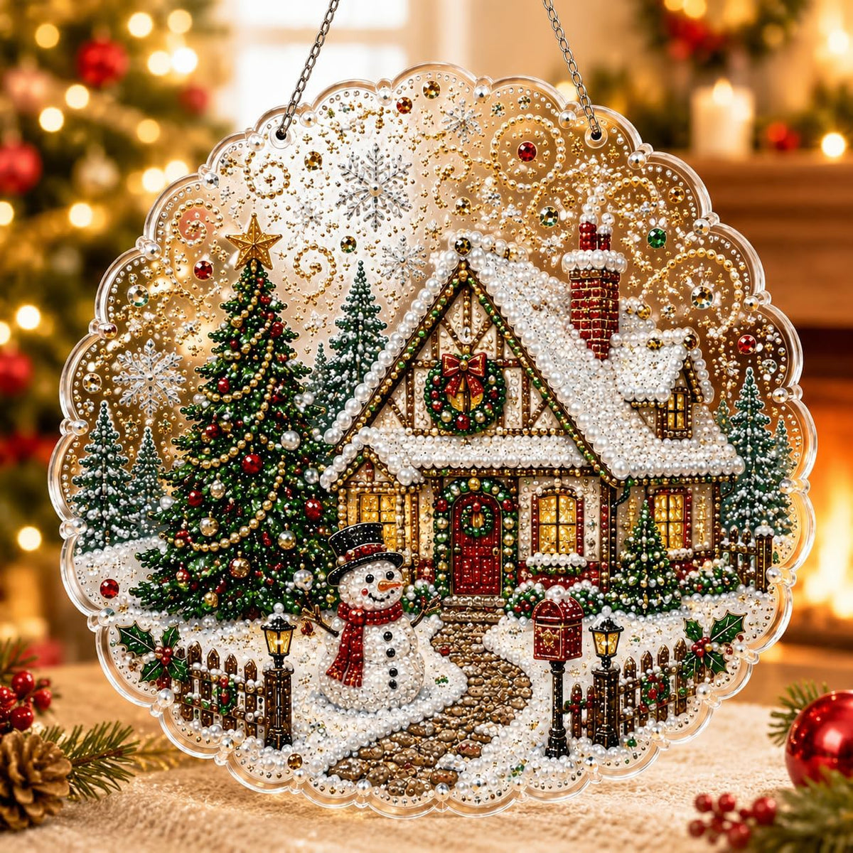 VEDRML Christmas Pearl Diamond Arts Suncatcher DIY Kit (Style 3, 8inch)
