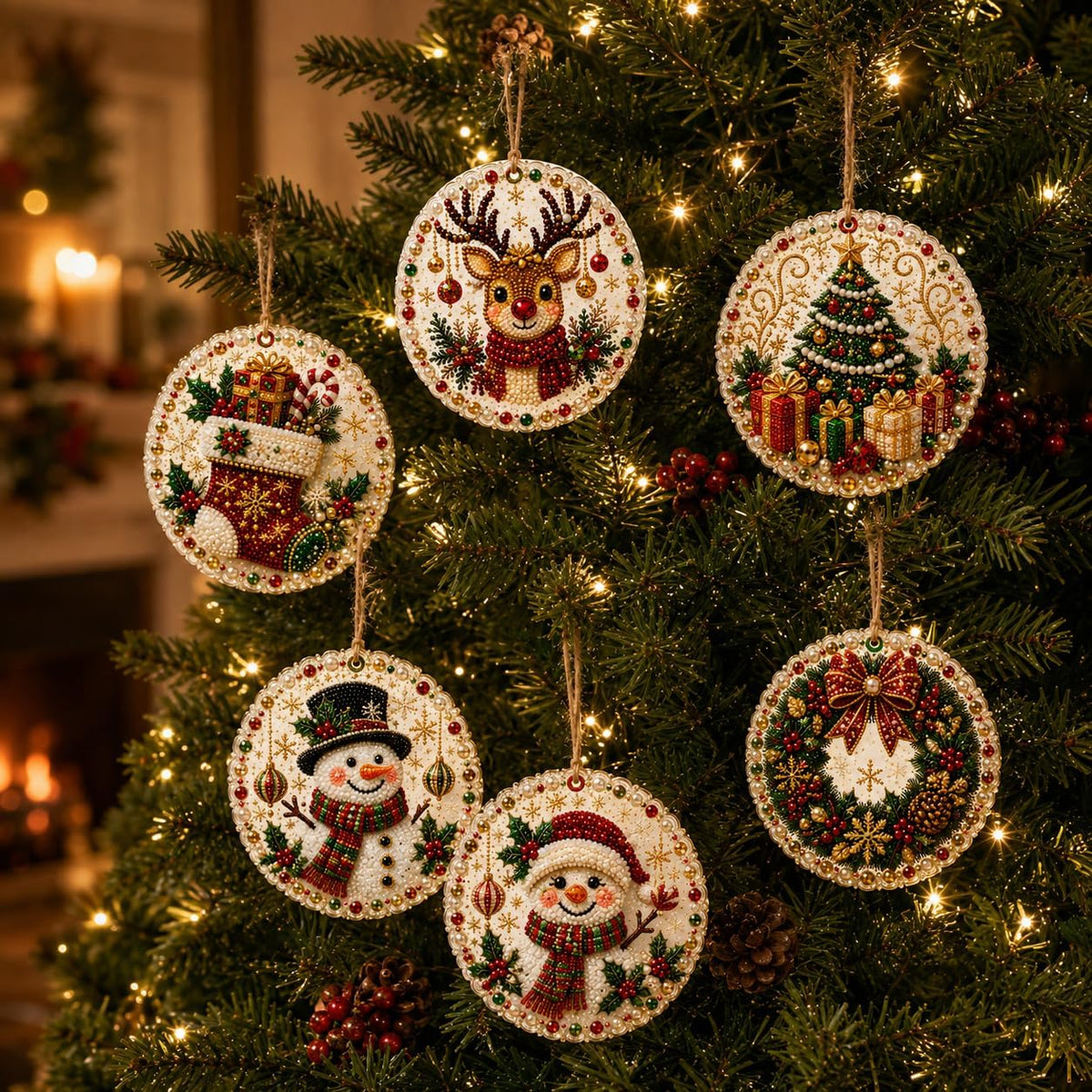 Christmas Ornaments Pearl Diamond Art Kits For Adults, Diy Wooden Diamond Art Christmas Ornaments For Christmas Tree With Pearls, Hanging Special-Shaped Gems & Jute Twine, Christmas Decor Craft#W