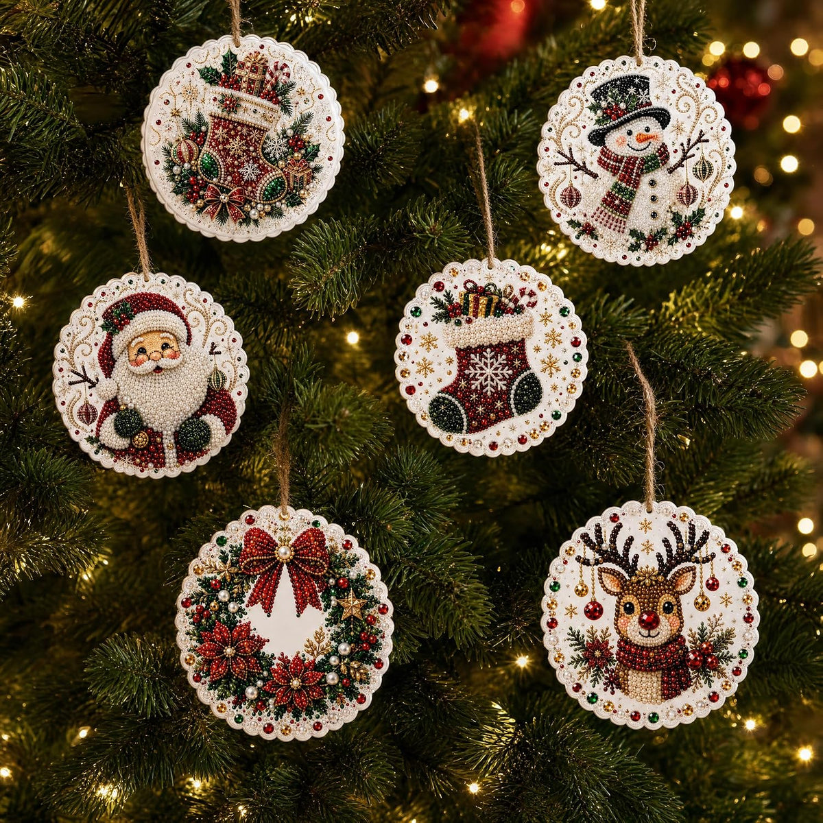 Christmas Ornaments Pearl Diamond Art Kits For Adults, Diy Wooden Diamond Art Christmas Ornaments For Christmas Tree With Pearls, Hanging Special-Shaped Gems & Jute Twine, Christmas Decor Craft#W