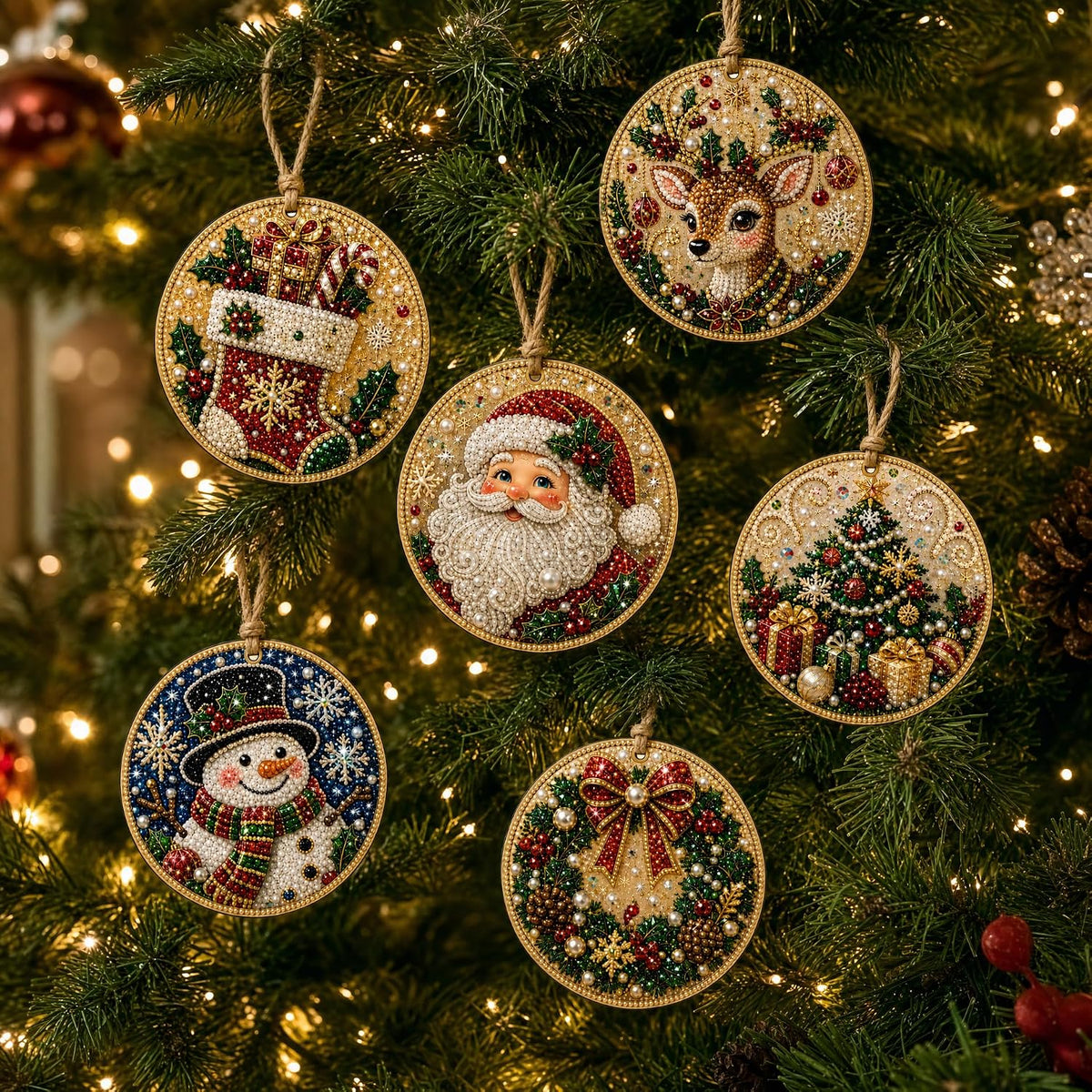 Christmas Ornaments Pearl Diamond Art Kits For Adults, Diy Wooden Diamond Art Christmas Ornaments For Christmas Tree With Pearls, Hanging Special-Shaped Gems & Jute Twine, Christmas Decor Craft#W