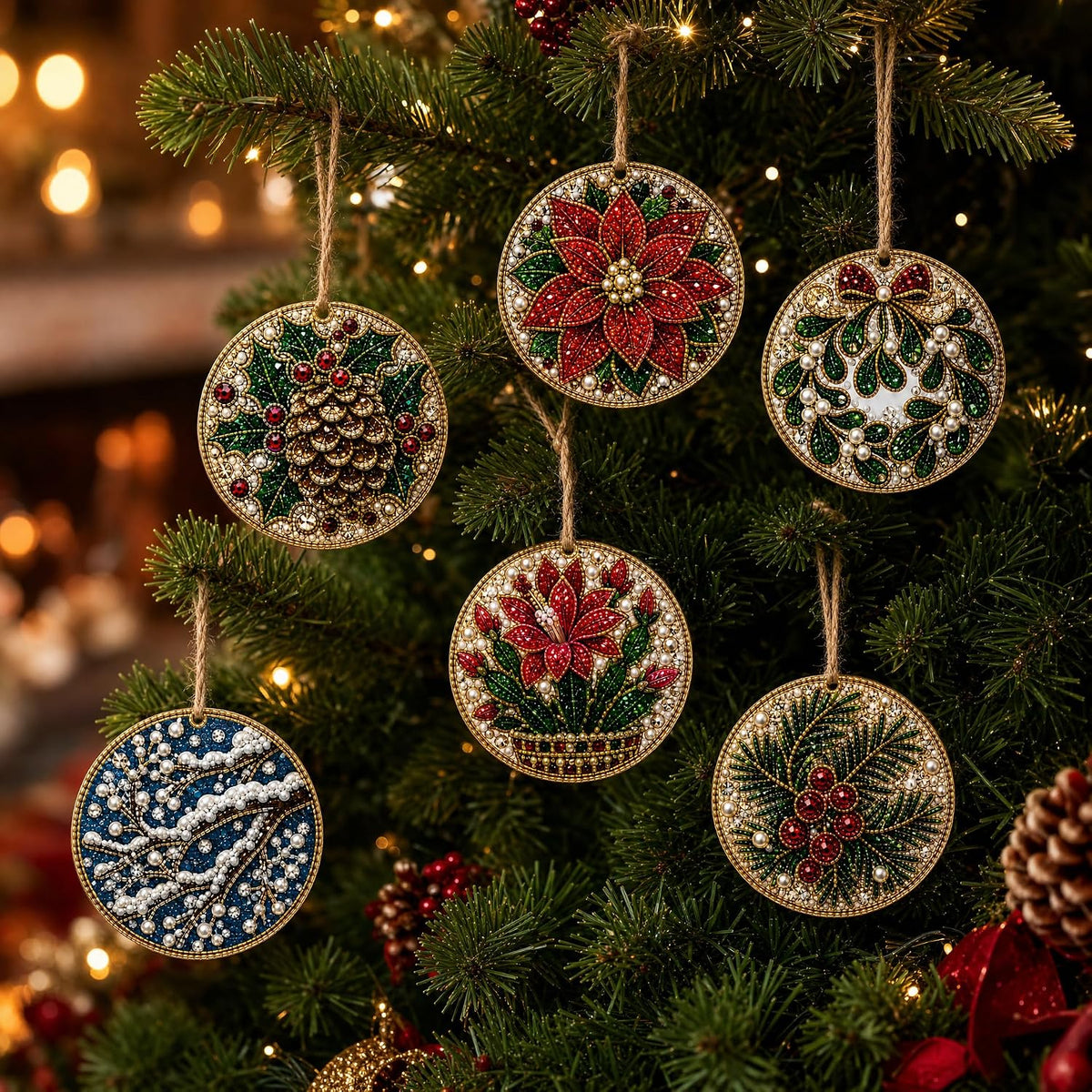 Christmas Ornaments Pearl Diamond Art Kits For Adults, Diy Wooden Diamond Art Christmas Ornaments For Christmas Tree With Pearls, Hanging Special-Shaped Gems & Jute Twine, Christmas Decor Craft#W