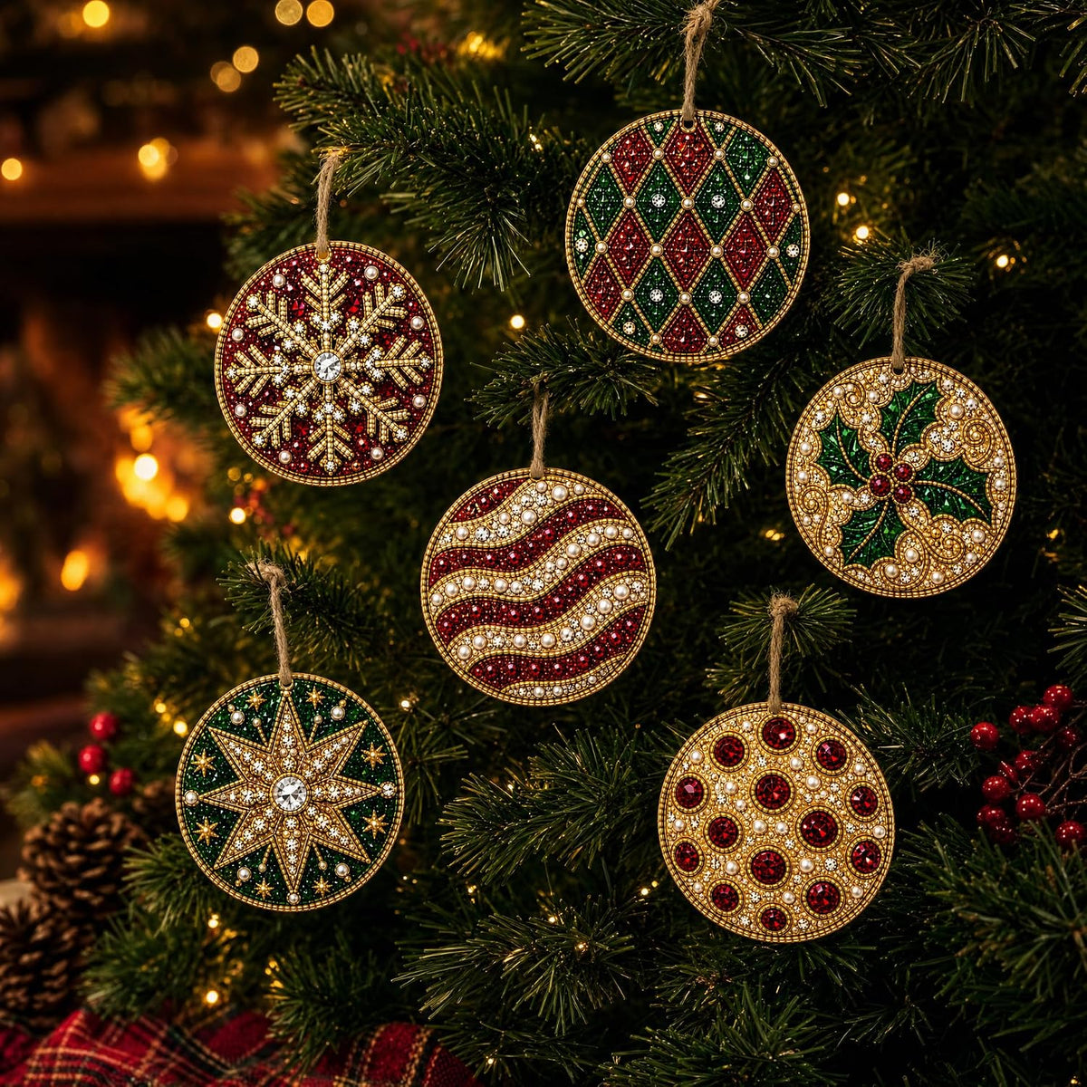 Christmas Ornaments Pearl Diamond Art Kits For Adults, Diy Wooden Diamond Art Christmas Ornaments For Christmas Tree With Pearls, Hanging Special-Shaped Gems & Jute Twine, Christmas Decor Craft#W
